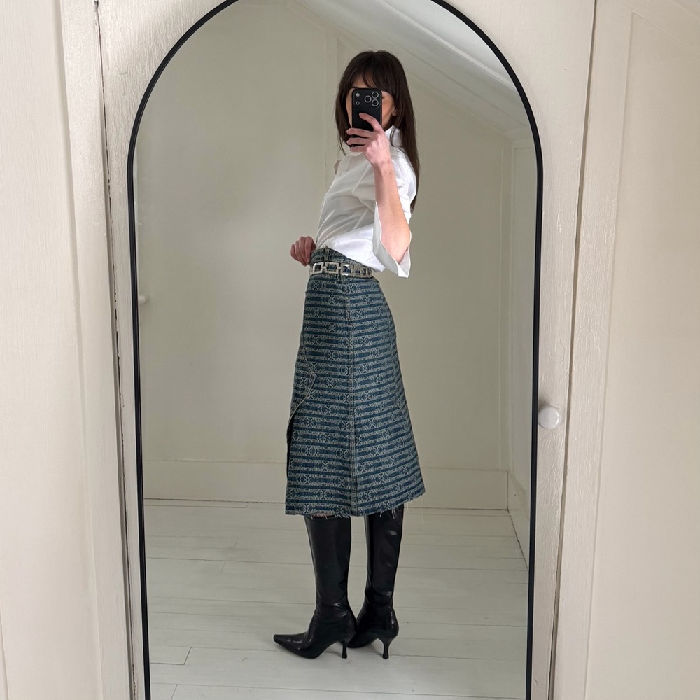 Tory Burch Deconstructed Denim Midi Skirt in Sublime Jacquard & Vintage Wash NWT - Picture 4 of 13
